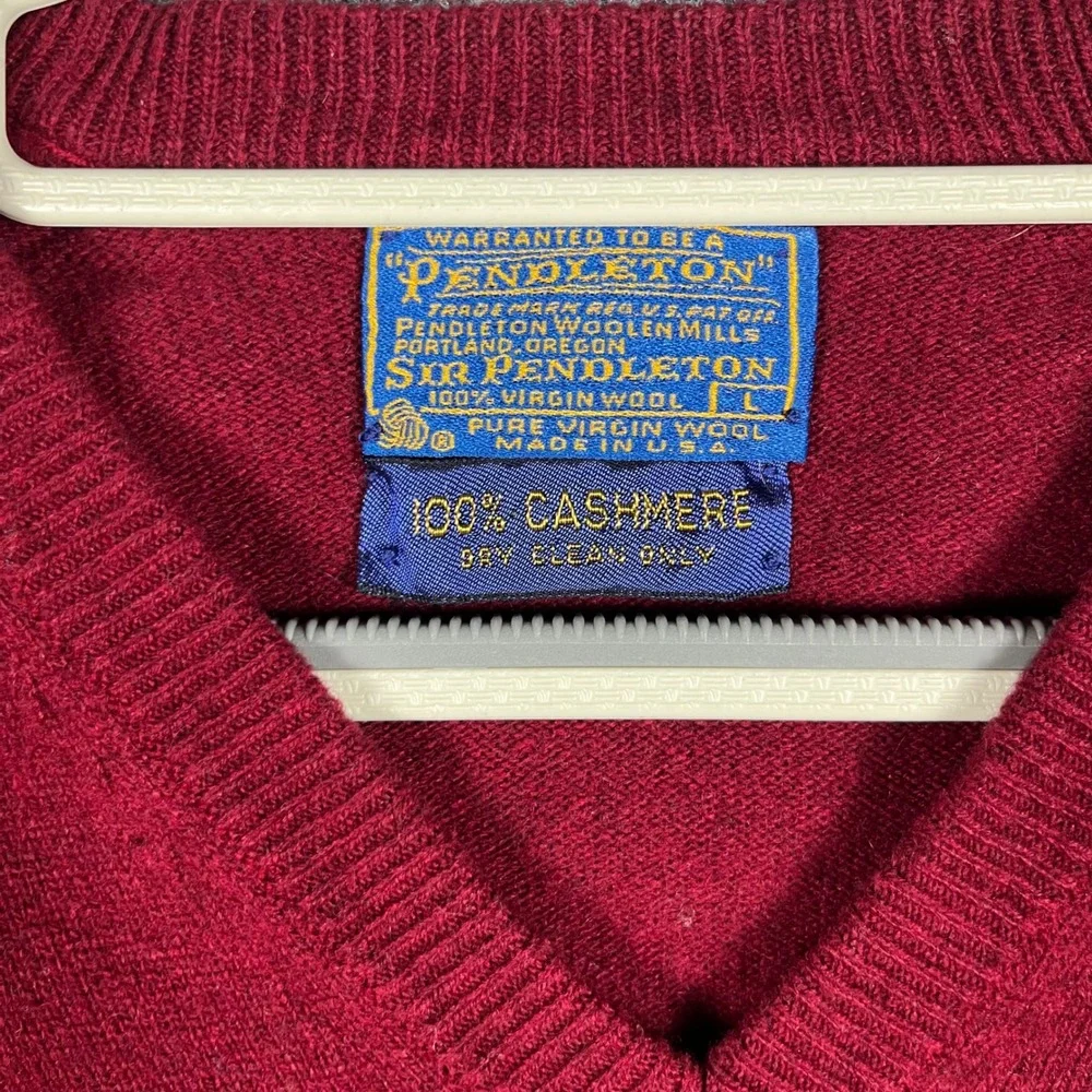 Vintage Pendleton V-Neck Sweater Mens Large Burgundy Red 100% Cashmere USA Made